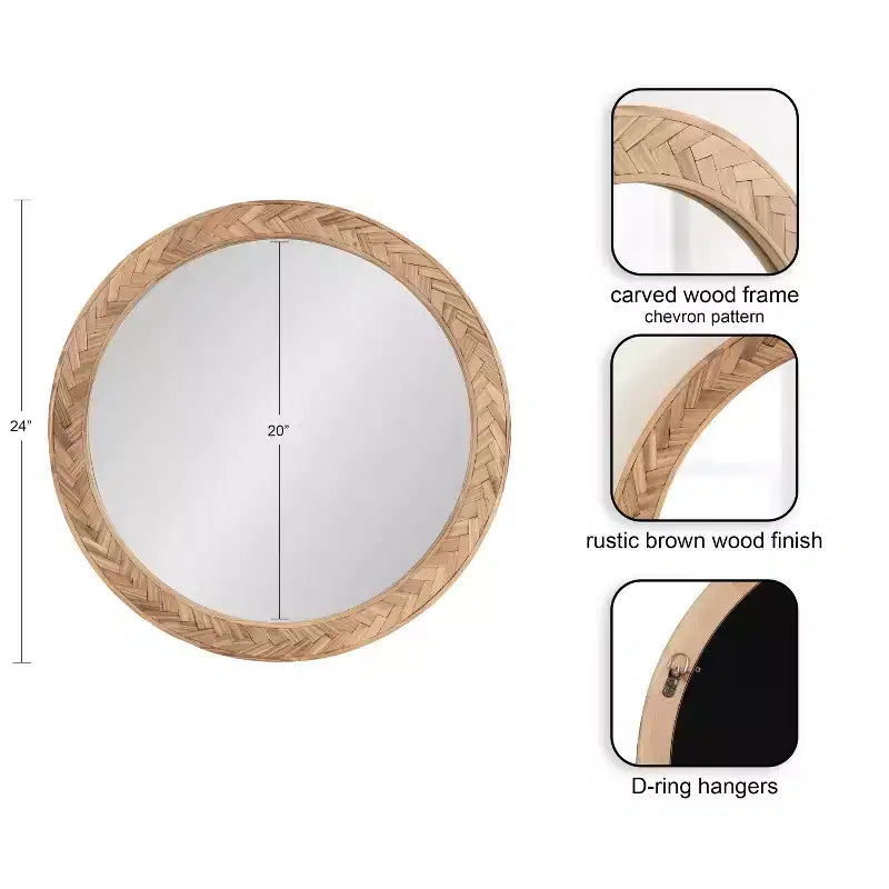 Miroir mural rond en bois massif Chevrons, 24"D
