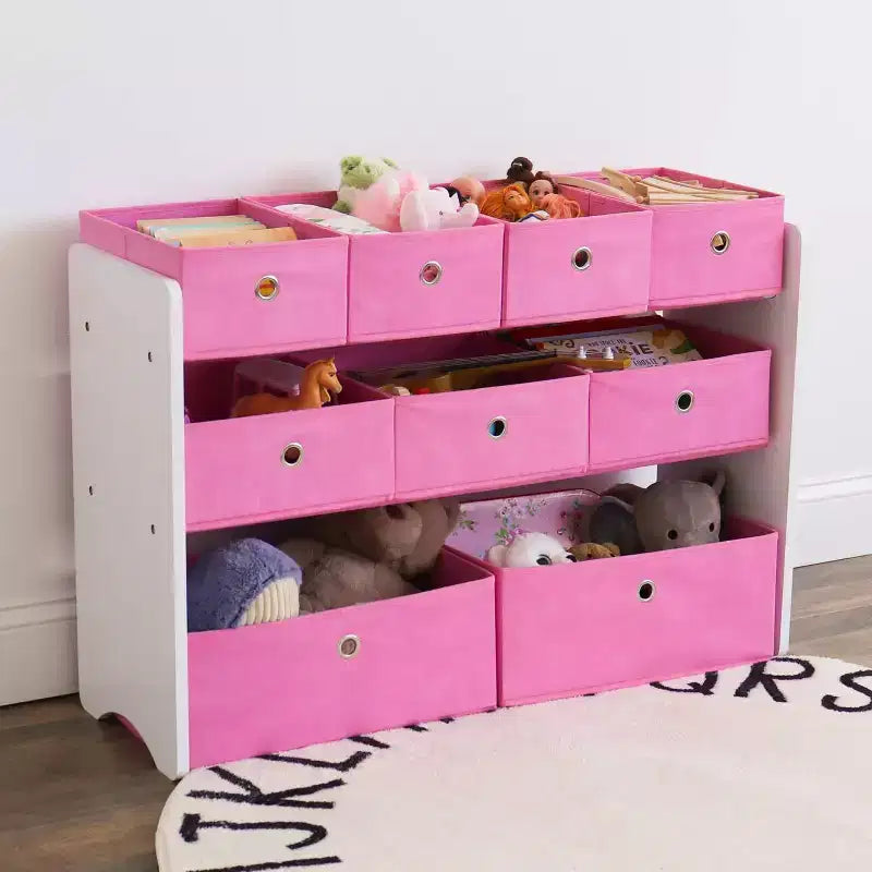 Meuble de rangement pour jouets d'enfants avec 9 bacs de rangement pliables en tissu Blanc/rose - Humble Crew : Étagère en MDF pour l'organisation des jouets