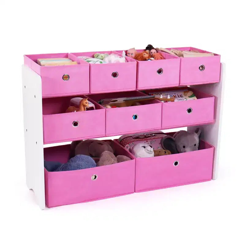 Meuble de rangement pour jouets d'enfants avec 9 bacs de rangement pliables en tissu Blanc/rose - Humble Crew : Étagère en MDF pour l'organisation des jouets