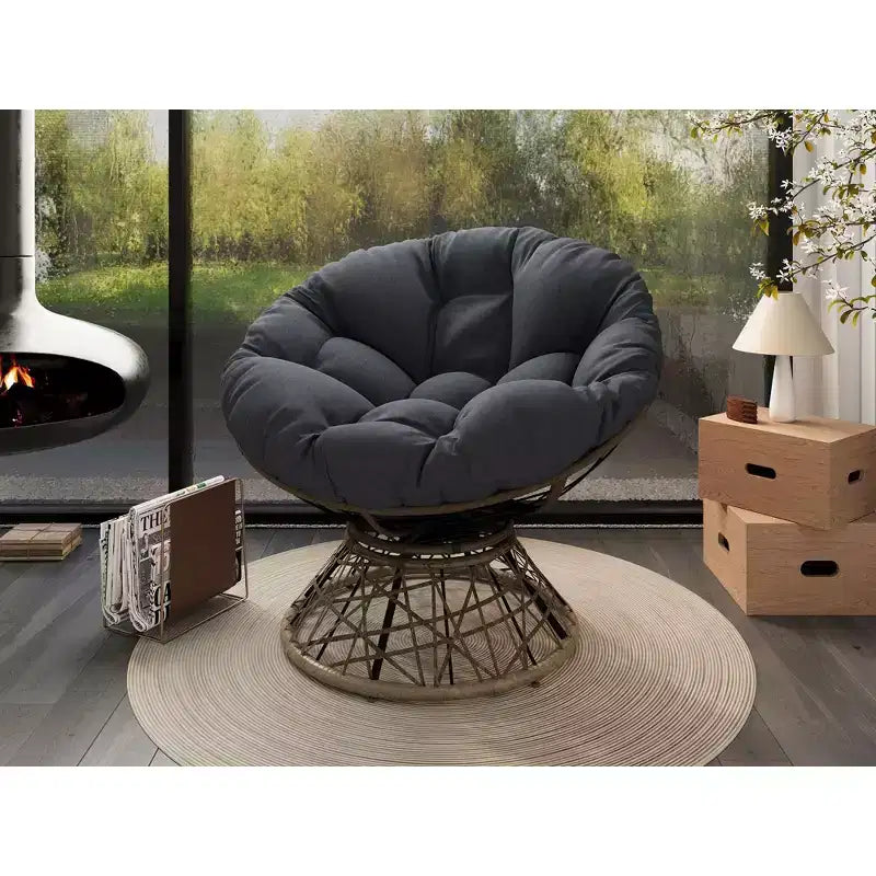 Fauteuil d'appoint pivotant en fer et lin avec dossier en osier et coussin en mousse, H 89 x L 82,5 x P 101,5 cm