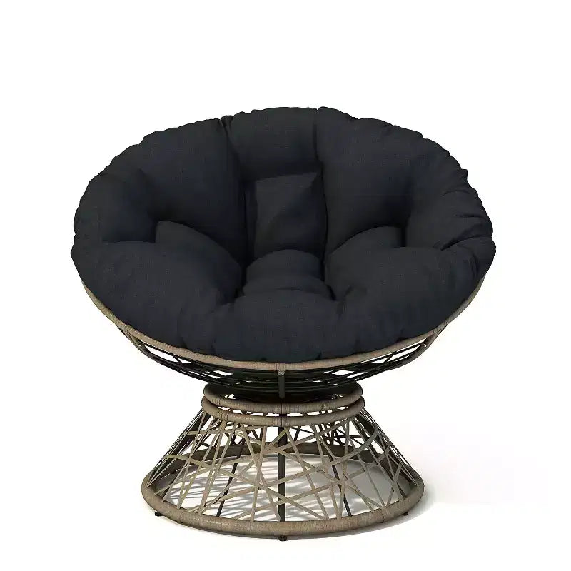 Fauteuil d'appoint pivotant en fer et lin avec dossier en osier et coussin en mousse, H 89 x L 82,5 x P 101,5 cm