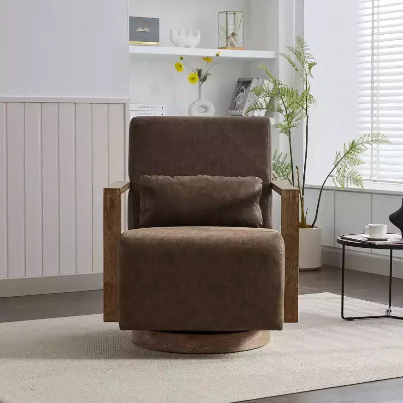 Fauteuil pivotant à 360 degrés en MDF et cuir avec accoudoirs en bois massif, 37"H x 36,61"L x 30,31"P