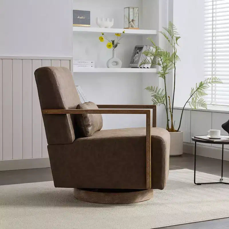Fauteuil pivotant à 360 degrés en MDF et cuir avec accoudoirs en bois massif, 37"H x 36,61"L x 30,31"P