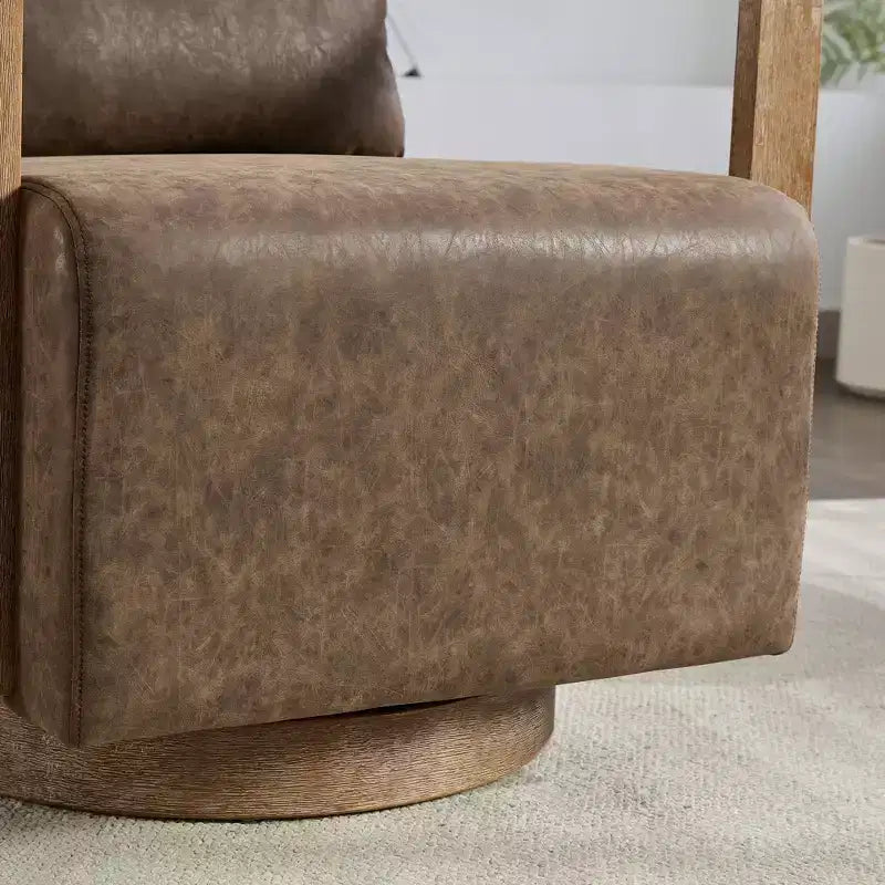 Fauteuil pivotant à 360 degrés en MDF et cuir avec accoudoirs en bois massif, 37"H x 36,61"L x 30,31"P