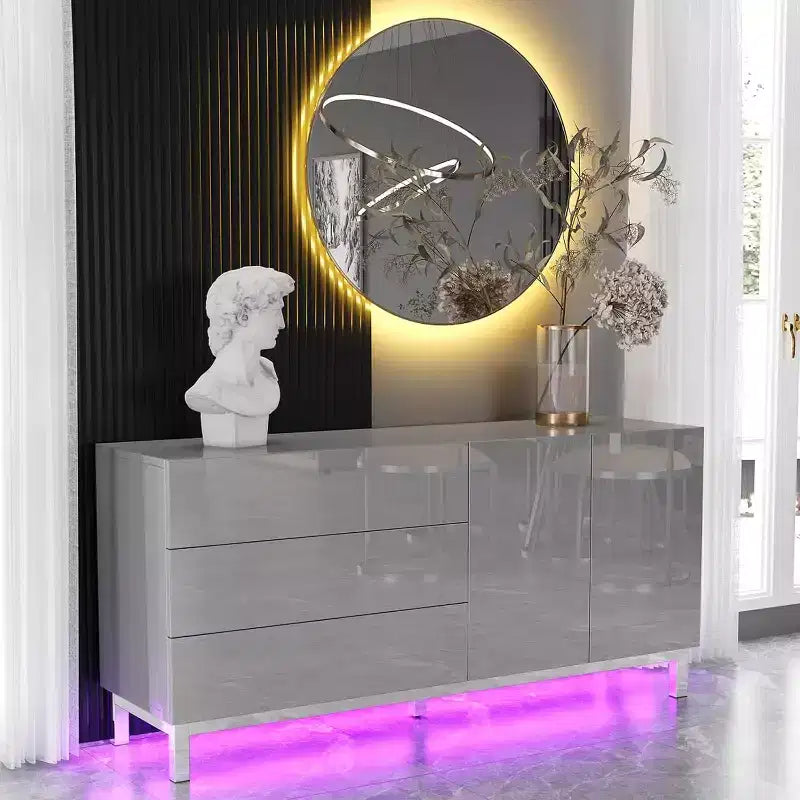 Buffet en bois laqué avec lumières LED, 3 tiroirs et meuble à 2 portes, 160 cm (L) x 40 cm (P) x 76,5 cm (H)