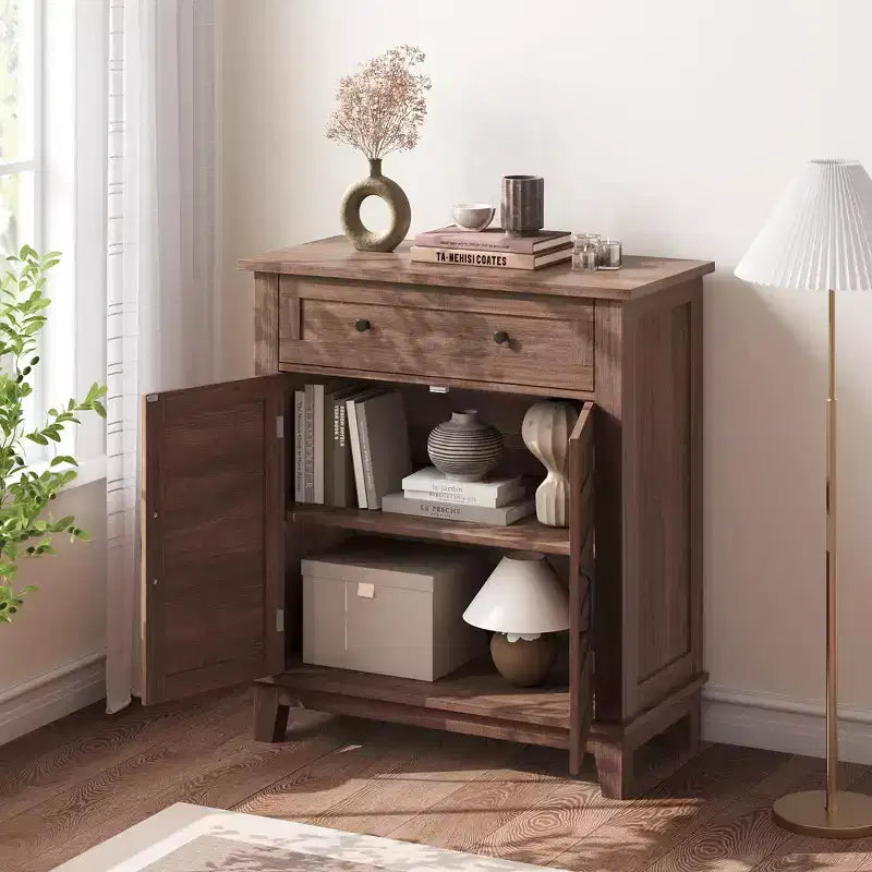 Meuble de rangement en bois massif avec portes à lattes, 3 étagères réglables et 1 tiroir, 91,4 cm H x 80 cm L x 39,9 cm P