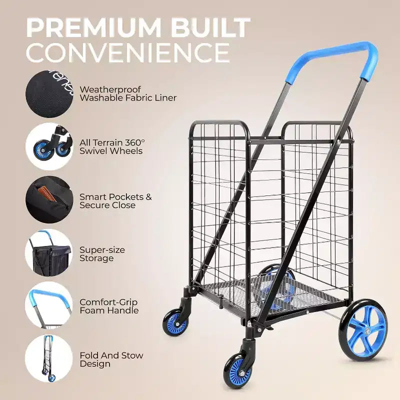 Chariot de courses pliable en acier avec doublure amovible et roues pivotantes, 99 cm H