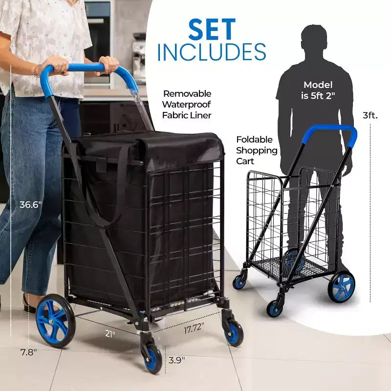 Chariot de courses pliable en acier avec doublure amovible et roues pivotantes, 99 cm H