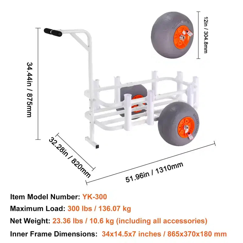 Chariot de pêche en aluminium avec roues ballon PU 13", capacité 136 kg
