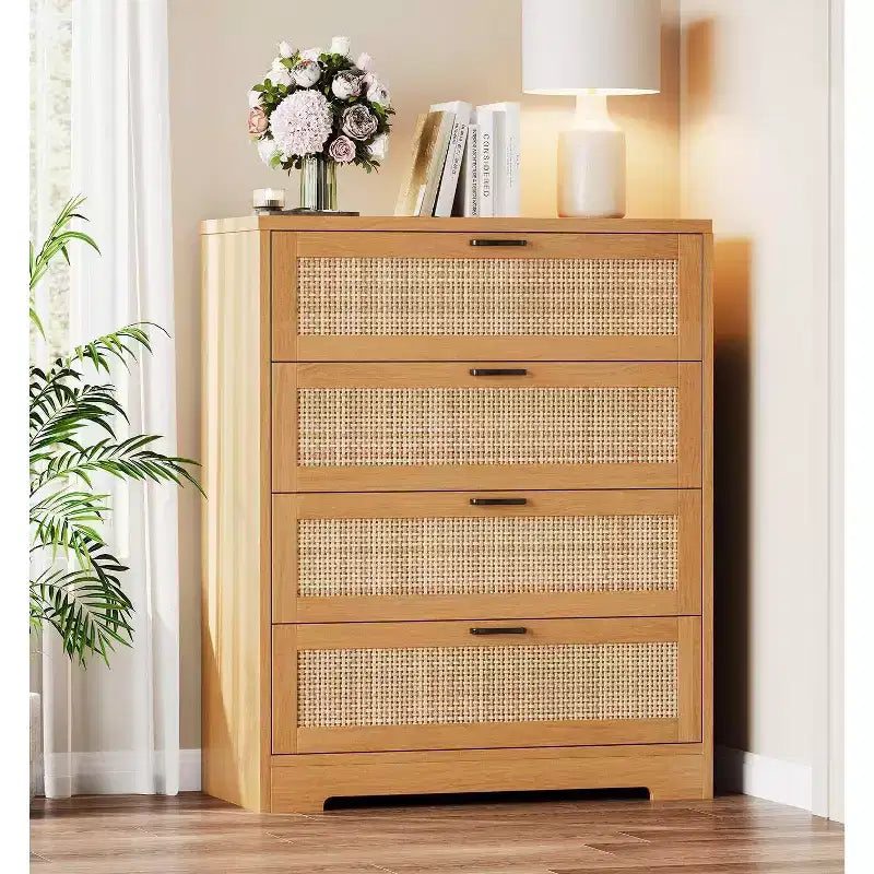 Commode à 4 tiroirs en MDF et rotin avec pieds en bois massif