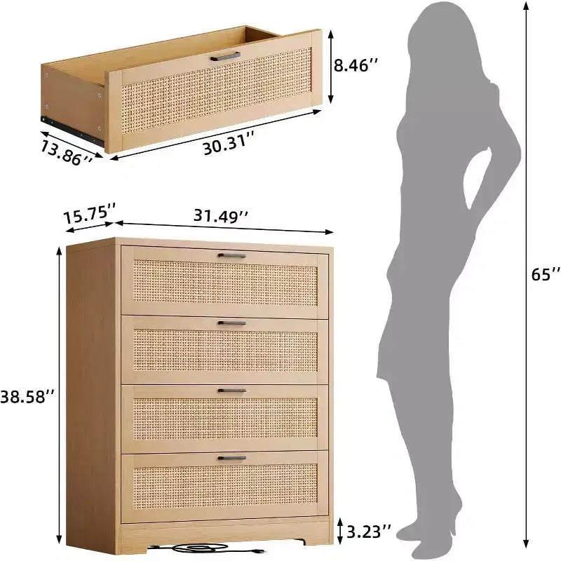 Commode à 4 tiroirs en MDF et rotin avec pieds en bois massif