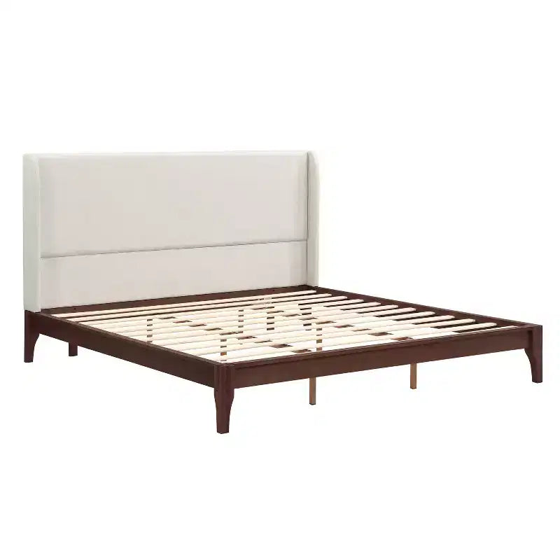 Lit plateforme en bambou et contreplaqué avec tête de lit capitonnée en lin, très grand (King) 122 cm H x 202,7 cm L x 213,1 cm P