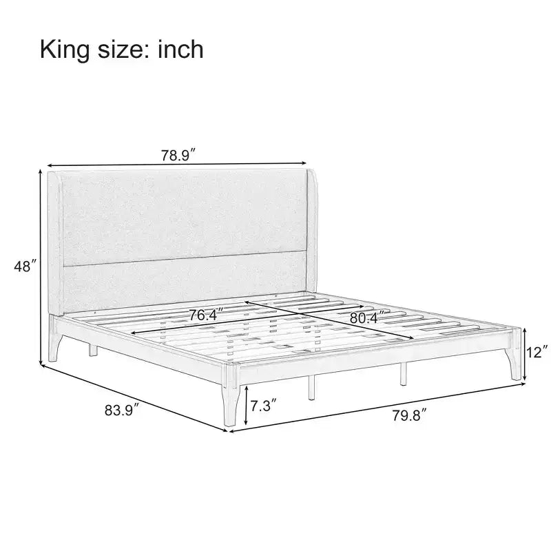 Lit plateforme en bambou et contreplaqué avec tête de lit capitonnée en lin, très grand (King) 122 cm H x 202,7 cm L x 213,1 cm P