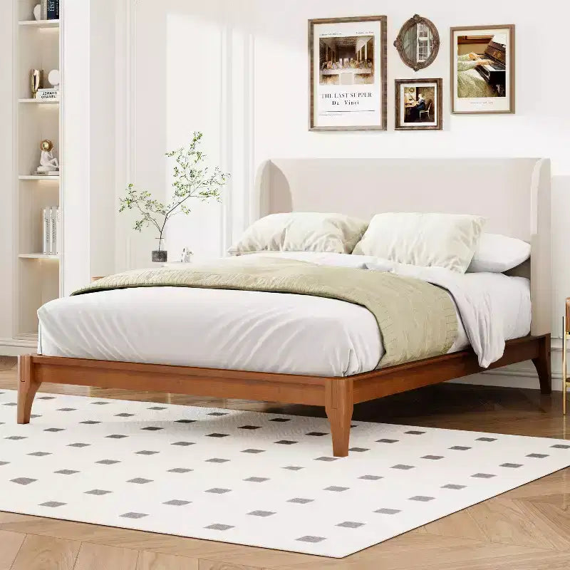 Lit plateforme en bambou et contreplaqué avec tête de lit capitonnée en lin, très grand (King) 122 cm H x 202,7 cm L x 213,1 cm P