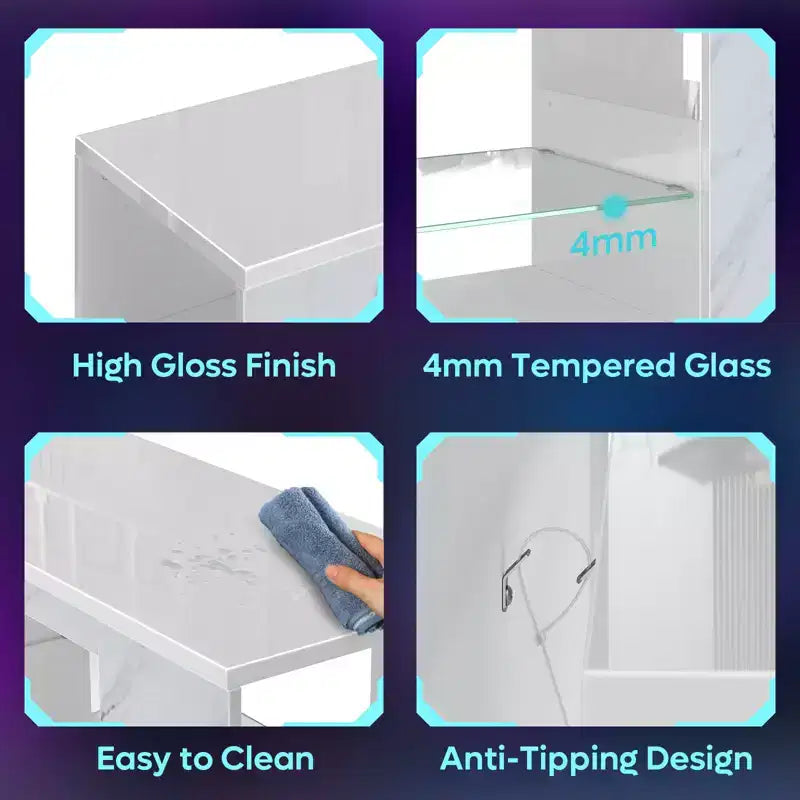 Meuble TV en aggloméré avec lumières LED et étagères en verre trempé, 120 cm (L) x 40 cm (P) x 46,5 cm (H)