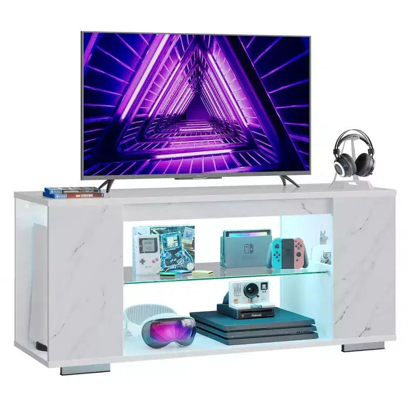 Meuble TV en aggloméré avec lumières LED et étagères en verre trempé, 120 cm (L) x 40 cm (P) x 46,5 cm (H)