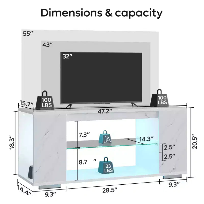 Meuble TV en aggloméré avec lumières LED et étagères en verre trempé, 120 cm (L) x 40 cm (P) x 46,5 cm (H)