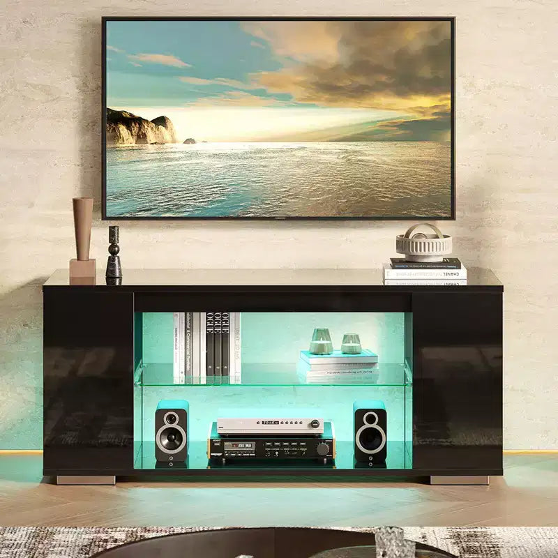 Meuble TV en aggloméré avec lumières LED et étagères en verre trempé, 120 cm (L) x 40 cm (P) x 46,5 cm (H)