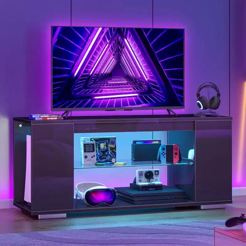 Meuble TV en aggloméré avec lumières LED et étagères en verre trempé, 120 cm (L) x 40 cm (P) x 46,5 cm (H)