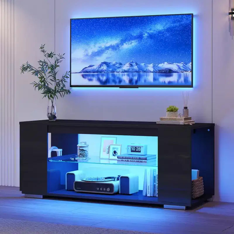 Meuble TV en aggloméré avec lumières LED et étagères en verre trempé, 120 cm (L) x 40 cm (P) x 46,5 cm (H)