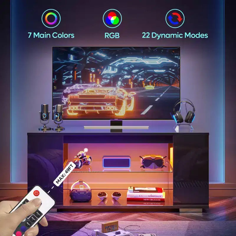 Meuble TV en aggloméré avec lumières LED et étagères en verre trempé, 120 cm (L) x 40 cm (P) x 46,5 cm (H)