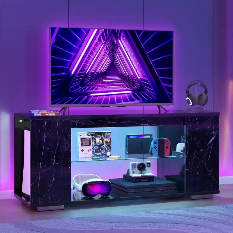 Meuble TV en aggloméré avec lumières LED et étagères en verre trempé, 120 cm (L) x 40 cm (P) x 46,5 cm (H)