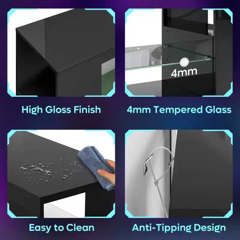 Meuble TV en aggloméré avec lumières LED et étagères en verre trempé, 120 cm (L) x 40 cm (P) x 46,5 cm (H)