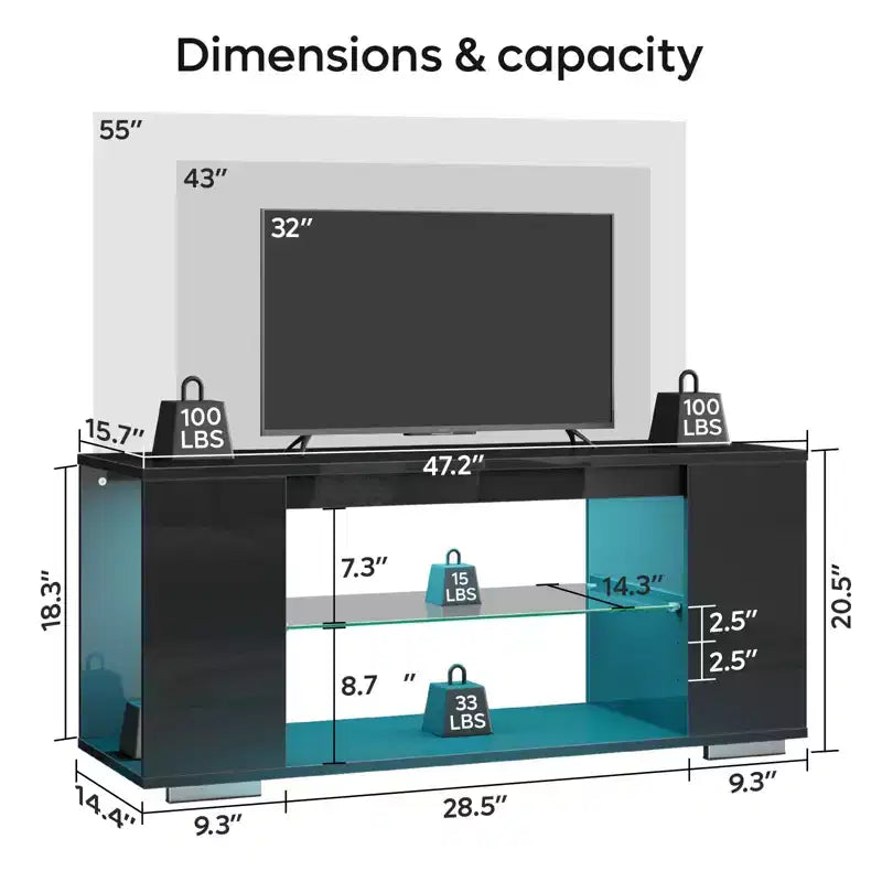 Meuble TV en aggloméré avec lumières LED et étagères en verre trempé, 120 cm (L) x 40 cm (P) x 46,5 cm (H)