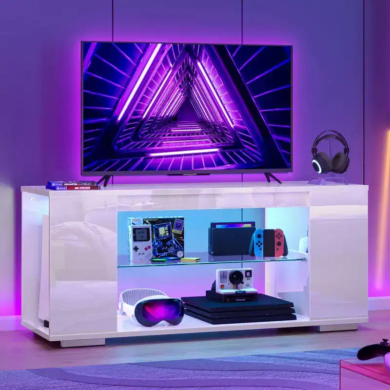 Meuble TV en aggloméré avec lumières LED et étagères en verre trempé, 120 cm (L) x 40 cm (P) x 46,5 cm (H)