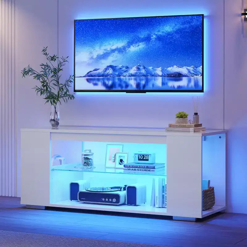 Meuble TV en aggloméré avec lumières LED et étagères en verre trempé, 120 cm (L) x 40 cm (P) x 46,5 cm (H)
