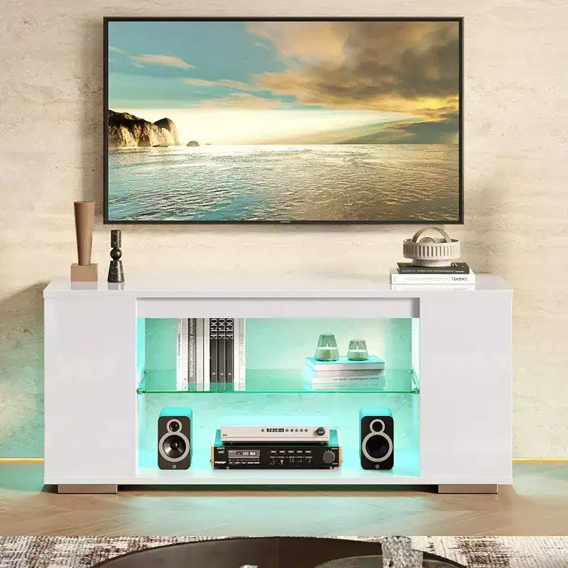 Meuble TV en aggloméré avec lumières LED et étagères en verre trempé, 120 cm (L) x 40 cm (P) x 46,5 cm (H)