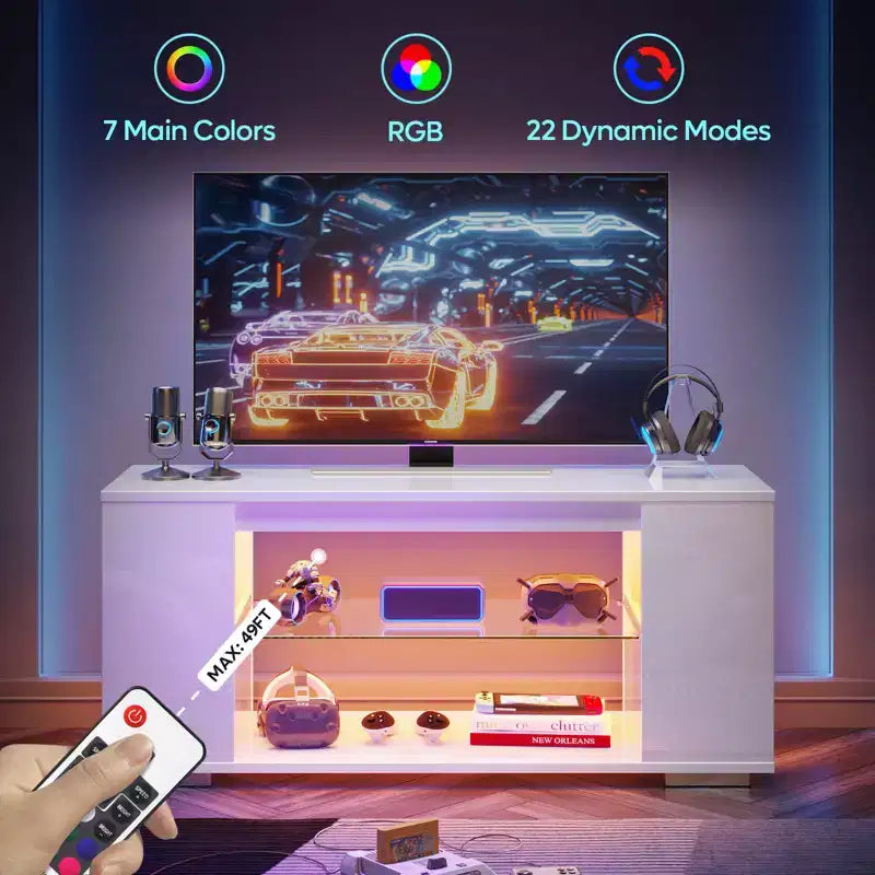 Meuble TV en aggloméré avec lumières LED et étagères en verre trempé, 120 cm (L) x 40 cm (P) x 46,5 cm (H)