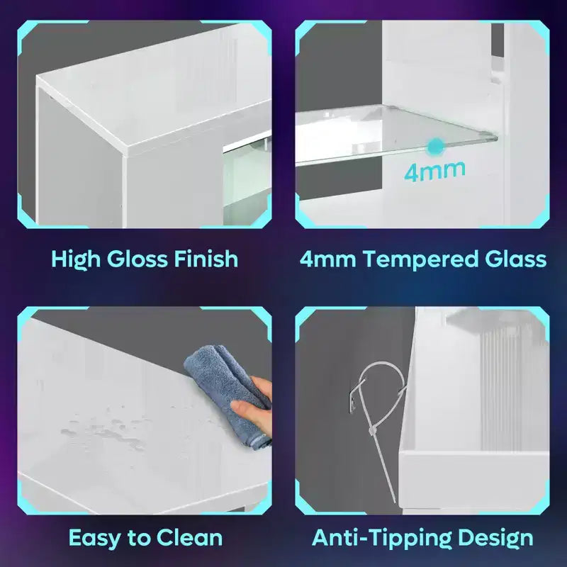 Meuble TV en aggloméré avec lumières LED et étagères en verre trempé, 120 cm (L) x 40 cm (P) x 46,5 cm (H)