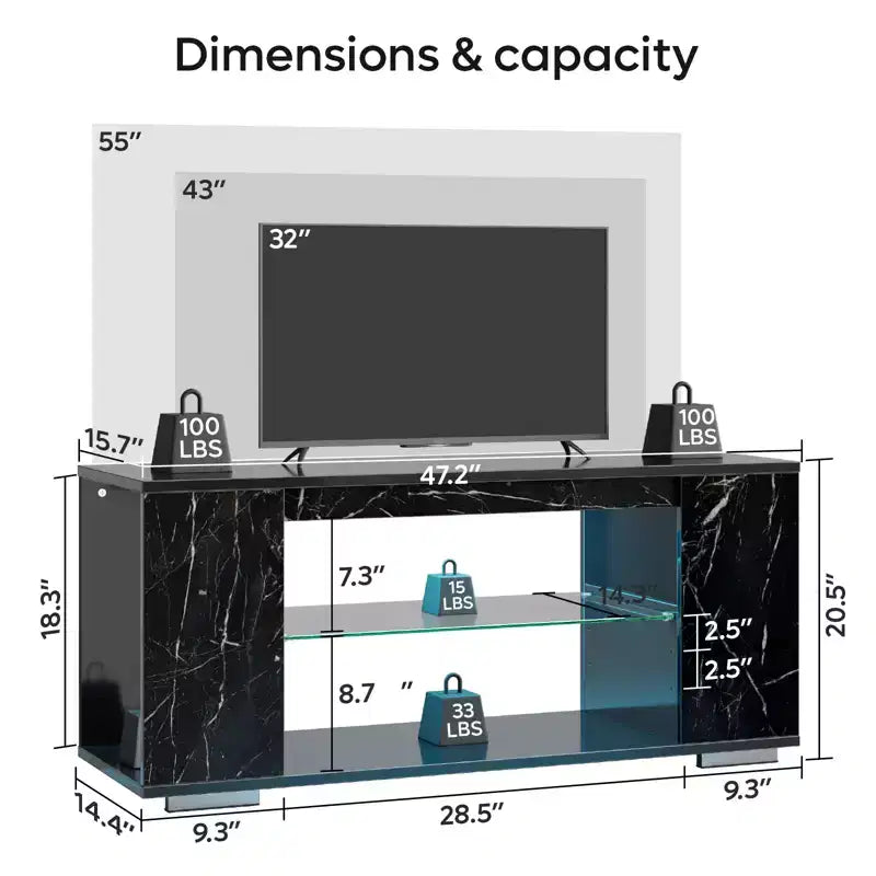 Meuble TV en aggloméré avec lumières LED et étagères en verre trempé, 120 cm (L) x 40 cm (P) x 46,5 cm (H)