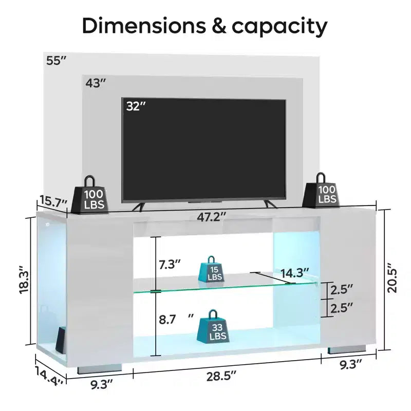 Meuble TV en aggloméré avec lumières LED et étagères en verre trempé, 120 cm (L) x 40 cm (P) x 46,5 cm (H)