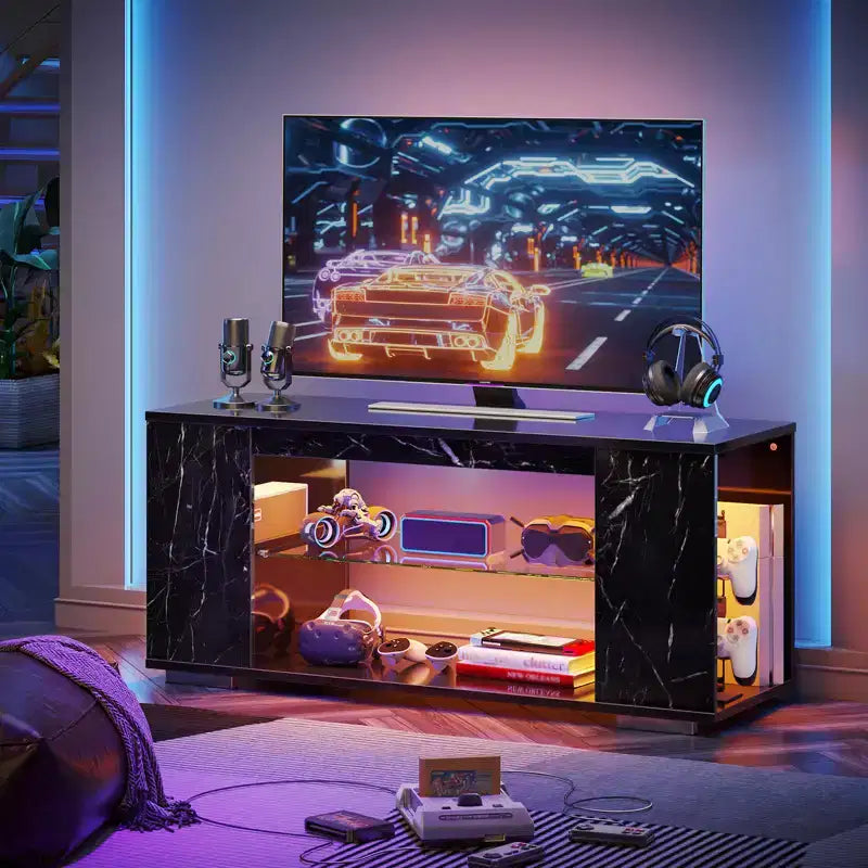Meuble TV en aggloméré avec lumières LED et étagères en verre trempé, 120 cm (L) x 40 cm (P) x 46,5 cm (H)