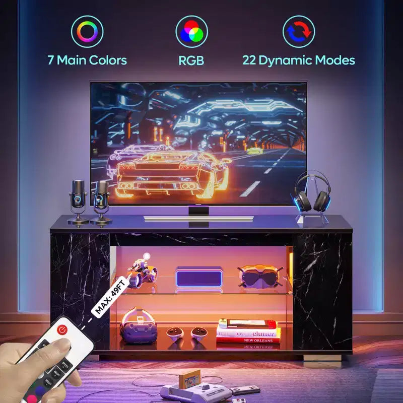 Meuble TV en aggloméré avec lumières LED et étagères en verre trempé, 120 cm (L) x 40 cm (P) x 46,5 cm (H)