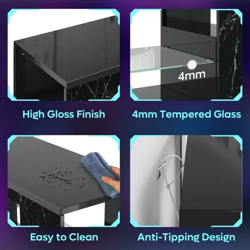 Meuble TV en aggloméré avec lumières LED et étagères en verre trempé, 120 cm (L) x 40 cm (P) x 46,5 cm (H)