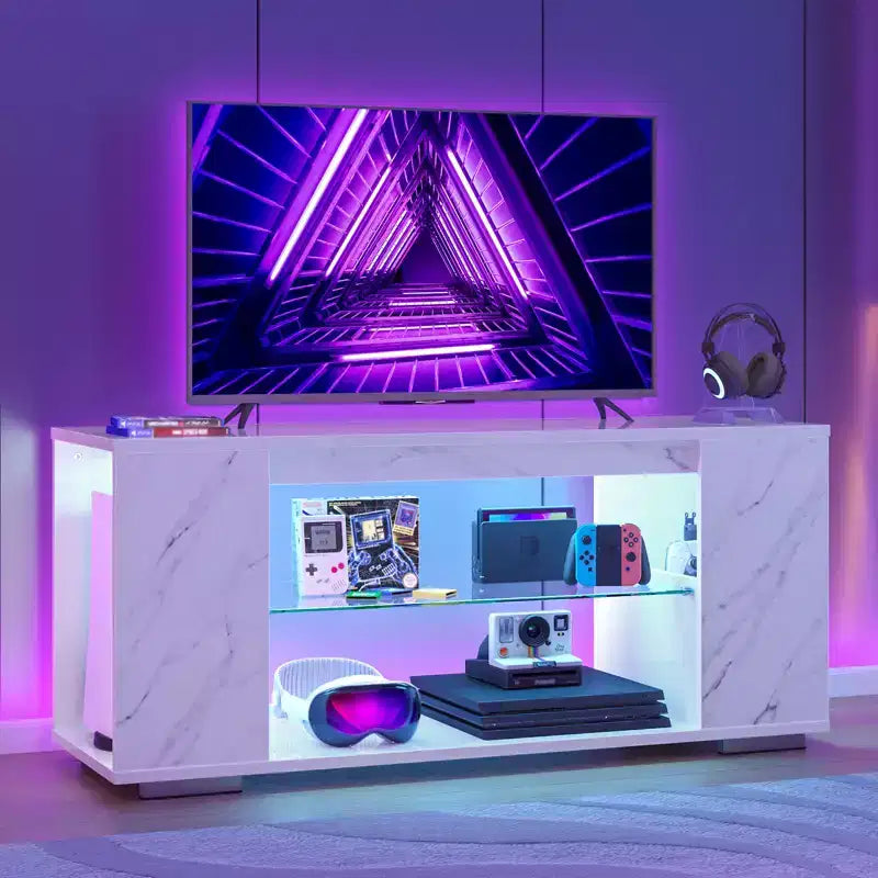 Meuble TV en aggloméré avec lumières LED et étagères en verre trempé, 120 cm (L) x 40 cm (P) x 46,5 cm (H)