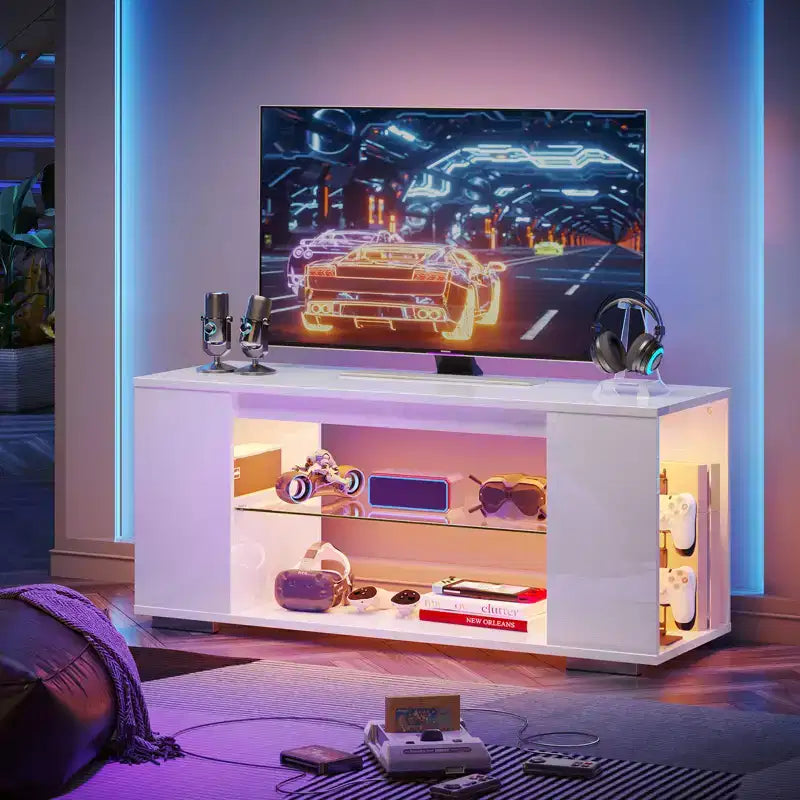 Meuble TV en aggloméré avec lumières LED et étagères en verre trempé, 120 cm (L) x 40 cm (P) x 46,5 cm (H)