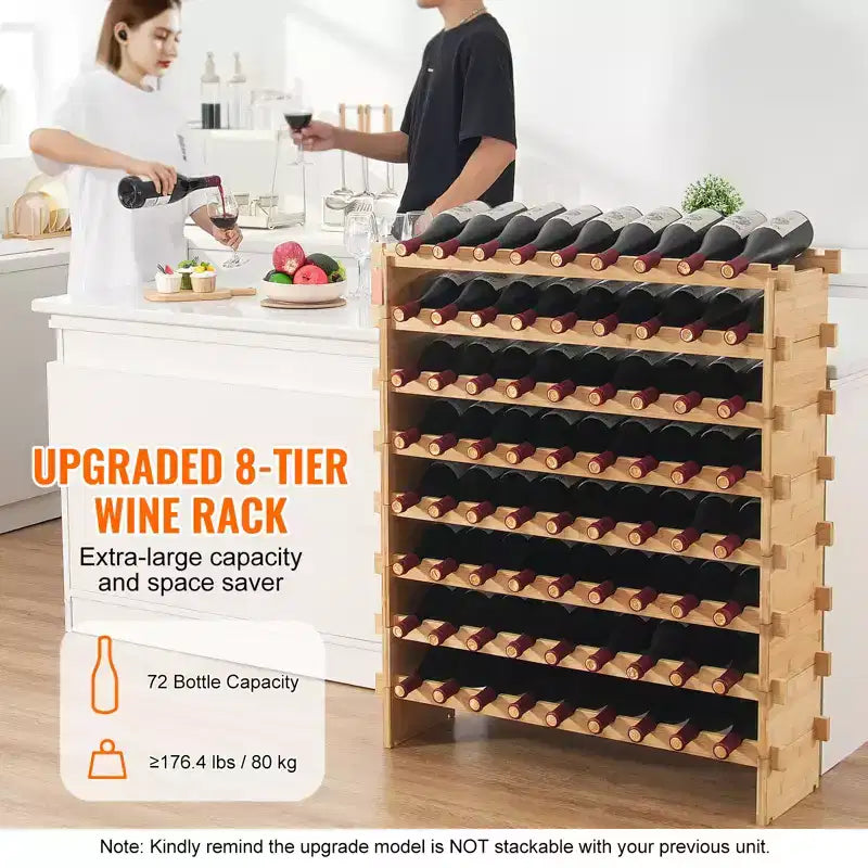 Casiers à vin modulaires 8 niveaux en bambou, 72 bouteilles, 103,4 cm H x 89,9 cm L x 24,9 cm P