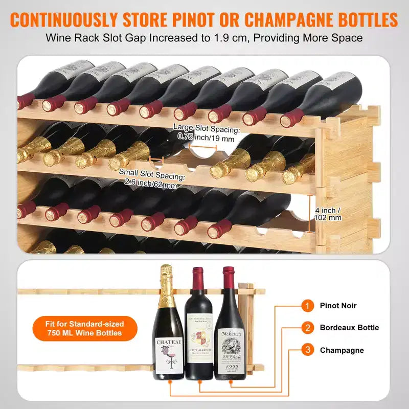 Casiers à vin modulaires 8 niveaux en bambou, 72 bouteilles, 103,4 cm H x 89,9 cm L x 24,9 cm P