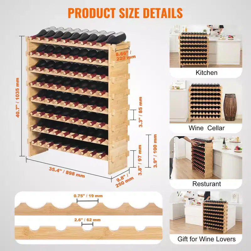 Casiers à vin modulaires 8 niveaux en bambou, 72 bouteilles, 103,4 cm H x 89,9 cm L x 24,9 cm P