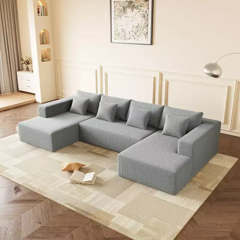 Canapé d'angle en velours côtelé polyester en forme de U avec 8 coussins décoratifs