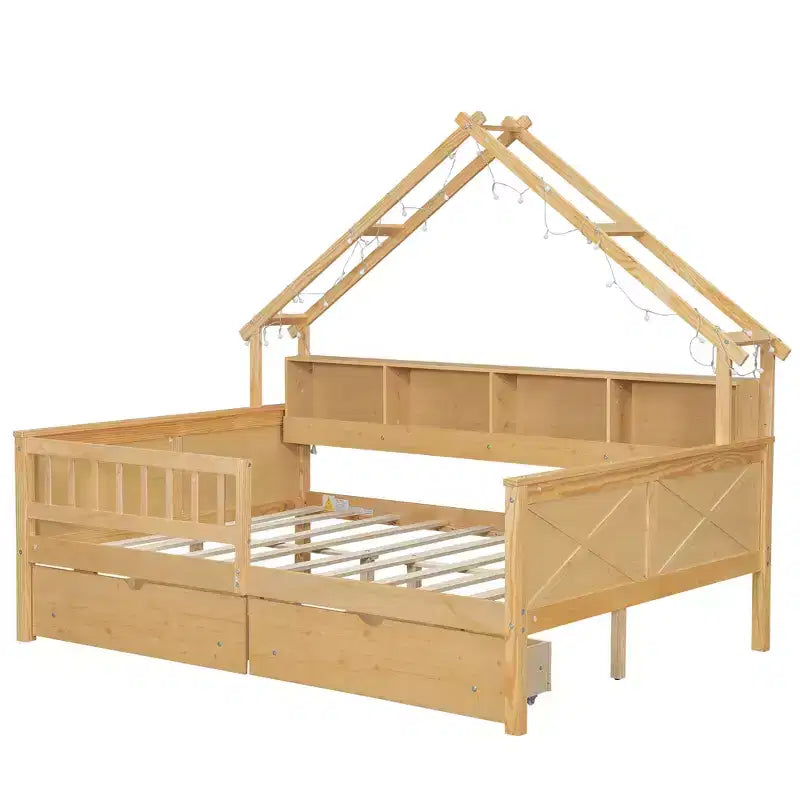 Lit plate-forme en forme de maison en bois de taille complète avec lumières LED, 175,5 cm H x 211,8 cm l x 144,8 cm P
