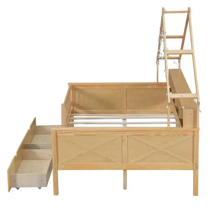 Lit plate-forme en forme de maison en bois de taille complète avec lumières LED, 175,5 cm H x 211,8 cm l x 144,8 cm P