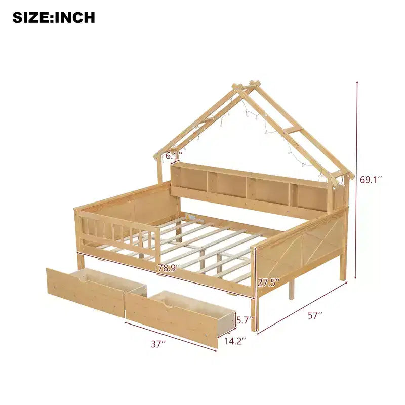 Lit plate-forme en forme de maison en bois de taille complète avec lumières LED, 175,5 cm H x 211,8 cm l x 144,8 cm P