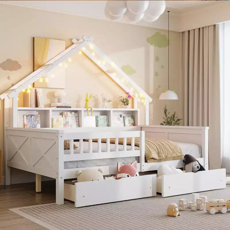 Lit plate-forme en forme de maison en bois de taille complète avec lumières LED, 175,5 cm H x 211,8 cm l x 144,8 cm P