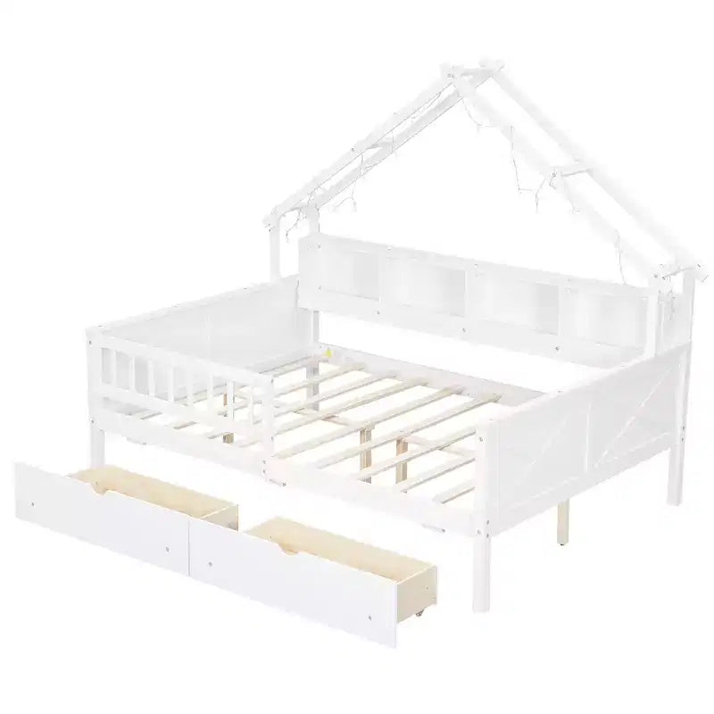 Lit plate-forme en forme de maison en bois de taille complète avec lumières LED, 175,5 cm H x 211,8 cm l x 144,8 cm P