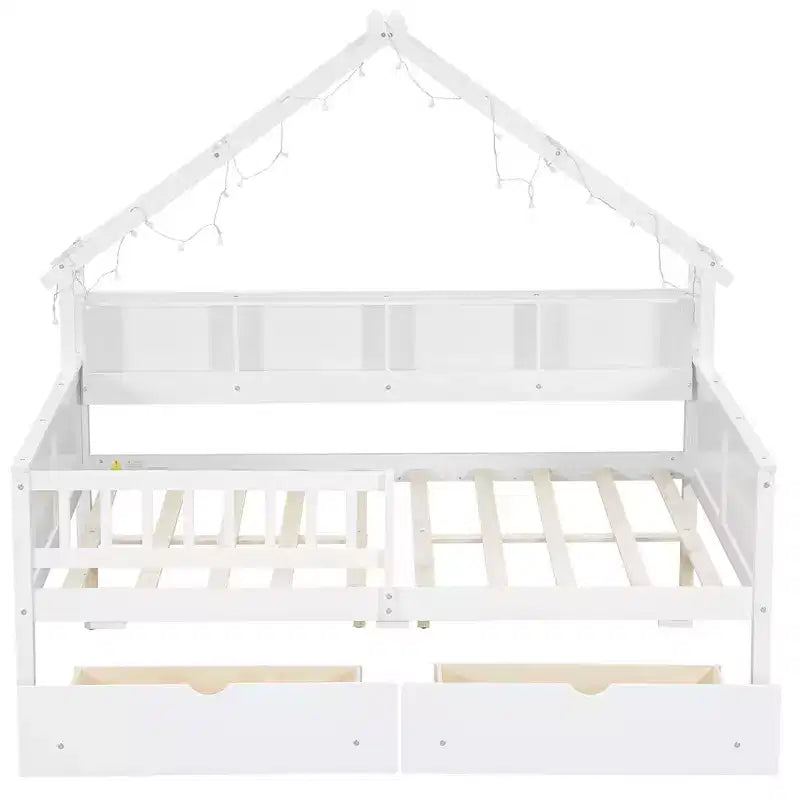 Lit plate-forme en forme de maison en bois de taille complète avec lumières LED, 175,5 cm H x 211,8 cm l x 144,8 cm P